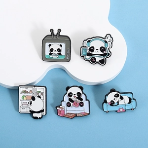 Set of 5 cute cartoon panda enamel pins showing daily life scenes like music and sleep