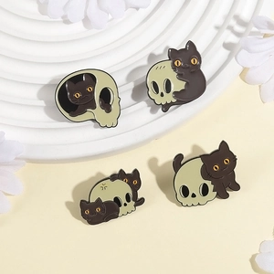 Broches en émail chat noir et squelette pour décoration d'Halloween de style gothique