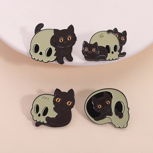 Set of four gothic enamel pins featuring black cats with skeletons for Halloween decor