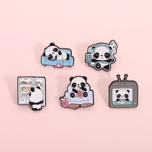 Set of 5 cute cartoon panda enamel pins featuring various daily lifestyle activities