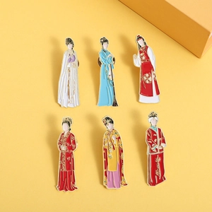 Set of six colorful enamel pins featuring ancient Chinese characters in Hanfu clothing