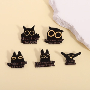 5-piece set of black cat enamel pins with humorous quotes and punk style metal finish