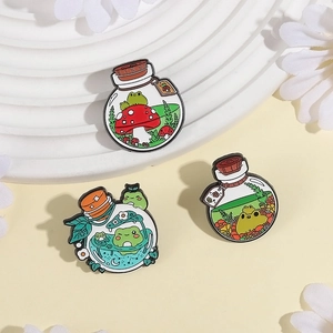 Three creative frog and mushroom enamel badges in glass bottles made of zinc alloy