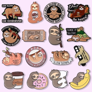 Set of 15 cute sloth enamel pins featuring various cartoon animal designs and sayings