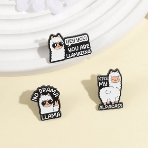 Three creative white cartoon alpaca enamel pins with funny slogans and sunglasses
