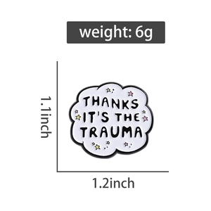 Detail of speech bubble enamel pin showing 1.2 x 1.1 inch dimensions and 6g weight