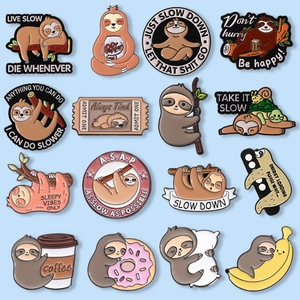 Set of 16 cute sloth enamel pins featuring funny slogans and various leisure activities