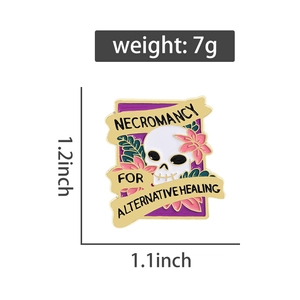 Detail view of floral skull enamel pin with size 1.1x1.2 inch and 7g weight measurement