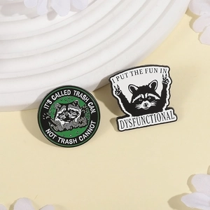 Funny raccoon enamel pins set with humorous motivational quotes on a decorative background