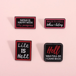 Gothic Hell series enamel pins with humorous red and white text on black background