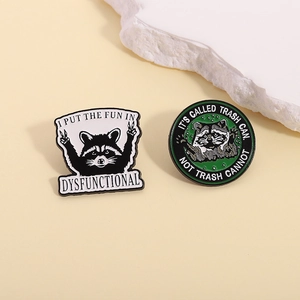 Funny raccoon enamel pins set featuring creative cartoon skeleton designs and humorous quotes