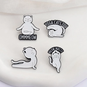 Set of 4 cute white cartoon yoga cat enamel pins with creative meditation poses