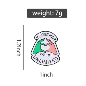 Detail showing dimensions of heart-shaped enamel pin with Together We're Unlimited quote