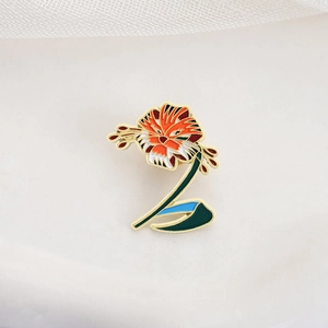 Tiger lily flower enamel brooch pin with orange petals and golden alloy metal base