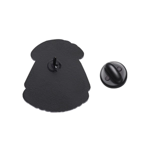 Macro detail of enamel pin back with matte black finish and durable rubber clutch fastener