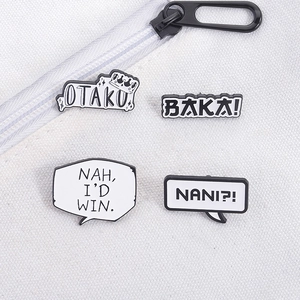 Detailed view of anime enamel pins including OTAKU and BAKA designs on white canvas