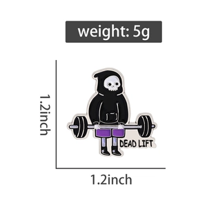 Detail showing cartoon skeleton deadlift enamel pin size 1.2 inch and weight 5g