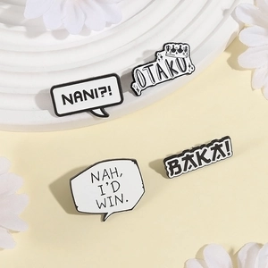 Anime speech bubble enamel pins featuring Baka, Nani and Otaku text on white podium