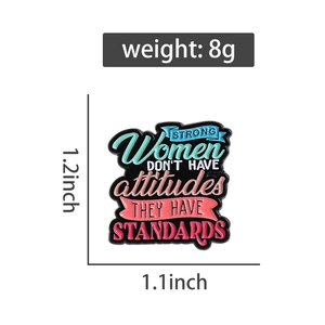 Detailed dimensions and weight of the colorful enamel feminist quote brooch on white backdrop