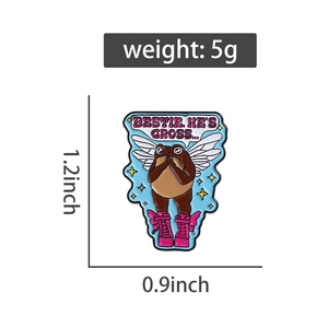 Detail of funny frog enamel pin with pink boots and text Bestie He is Gross 1.2 inch