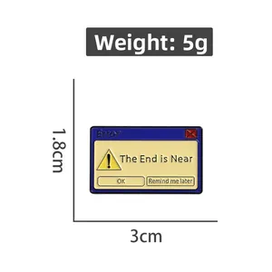 Detailed view of computer error popup enamel pin measuring 3cm by 1.8cm in size