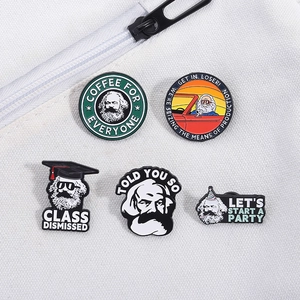 Set of creative Karl Marx enamel pins with humorous quotes on white canvas fabric