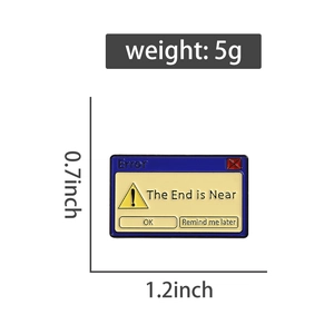 Detail view showing dimensions of retro computer error popup enamel pin THE END IS NEAR