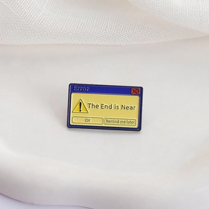 Retro computer error window enamel pin featuring 'The End is Near' text and blue border