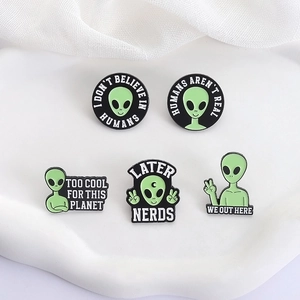 Five-piece set of cartoon green alien enamel pins with humorous attitude slogans