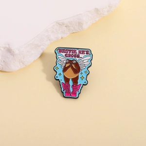Enamel frog fairy pin with pink boots and wings featuring Bestie He is Gross text