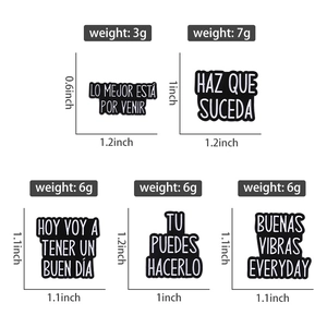 Detailed size and weight specs for black inspirational enamel brooches with white text