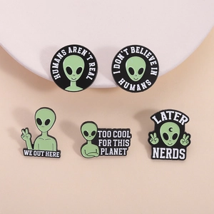 Funny Cartoon Alien Enamel Pin Set Zinc Alloy Punk Slogan Brooches Humans Aren't Real Badges For Backpack Clothing Unisex
