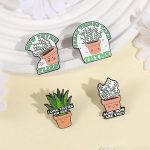 Set of 4 cute enamel pins featuring potted succulent and thyme plants on a white pedestal