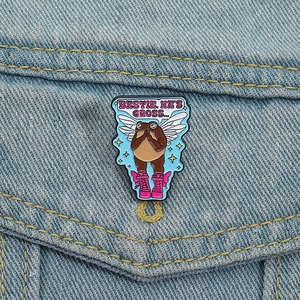 Funny cartoon frog enamel brooch with pink boots and bestie quote on denim jacket