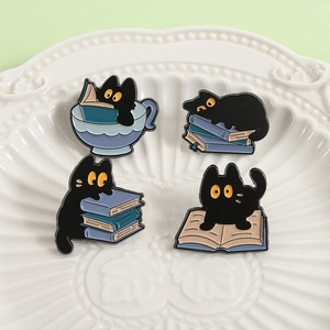 Cartoon Black Cat Enamel Pin Cute Animal Book Tea Cup Brooch Badge Zinc Alloy Baked Lacquer Jewelry For Women Men Gift