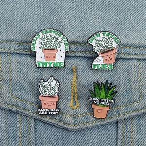 Set of four cartoon plant enamel pins with funny puns on a blue denim jacket pocket