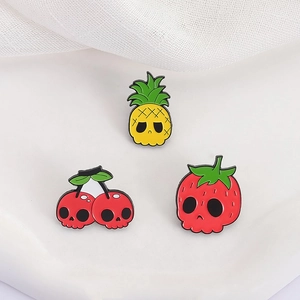 Cartoon fruit skull pins set featuring colorful pineapple strawberry cherry enamel brooches