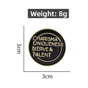 Detail of round black enamel charisma pin with 3cm size and 8g weight specifications