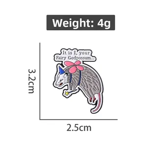 Detailed size chart of a fairy opossum enamel pin with weight and dimensions info