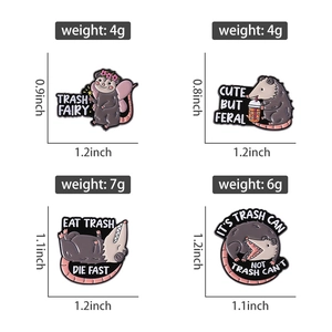 Detailed specs of four cute opossum enamel pins with various witty slogans and dimensions