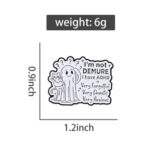 Detail of ADHD ghost and cat enamel pin badge with measurements and 6g weight info