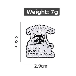 Detail view of cartoon raccoon enamel pin with size and weight measurements included