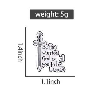 Detail view of vintage sword enamel pin with product dimensions and weight specs