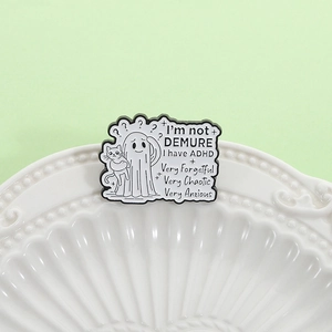 Minimalist black and white ghost cat enamel pin with ADHD humorous quote on ceramic plate