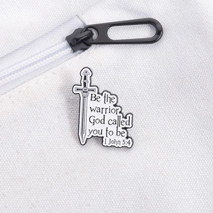 Detailed sword enamel pin on canvas bag with text Be the warrior God called you to be