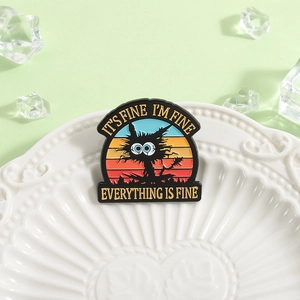 Cartoon black cat enamel pin with rainbow sunset stripes and humorous text on ceramic dish