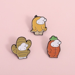 Cute cartoon rabbit enamel pins in creative fruit and vegetable costumes on pink background
