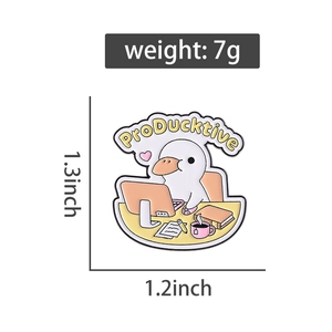 Detailed view of creative ProDucktive office duck enamel pin with 1.3 inch size markers