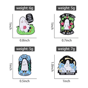 Ghost enamel pin set detail showing dimensions and weight in a four-grid layout
