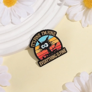 Black cat enamel pin with retro sunset background and humorous text for backpack